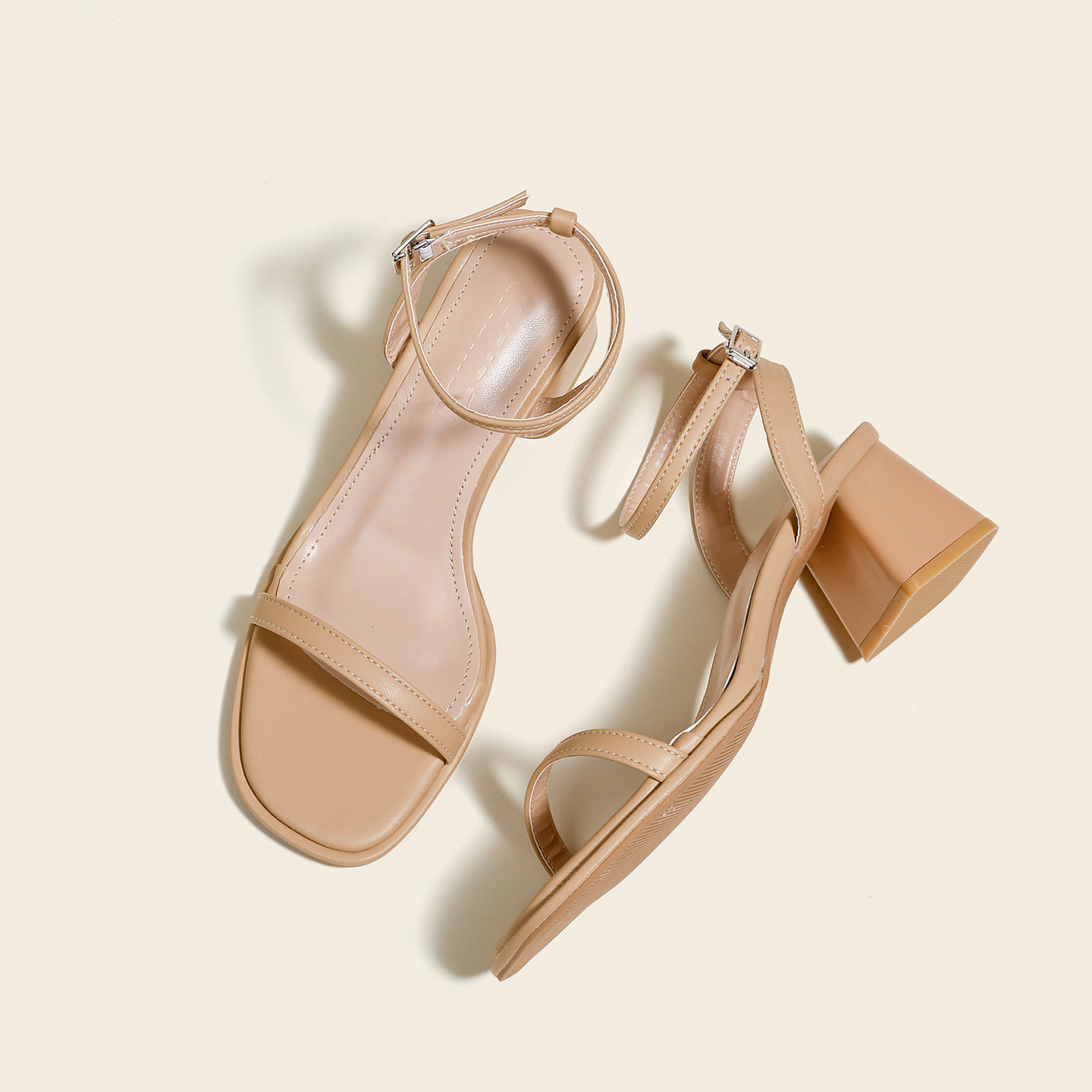 Lambskin Summer New Soft-Soled Sandals for Women French Fairy Medium Thick Heel One-Line Strap Nude Black High Heels