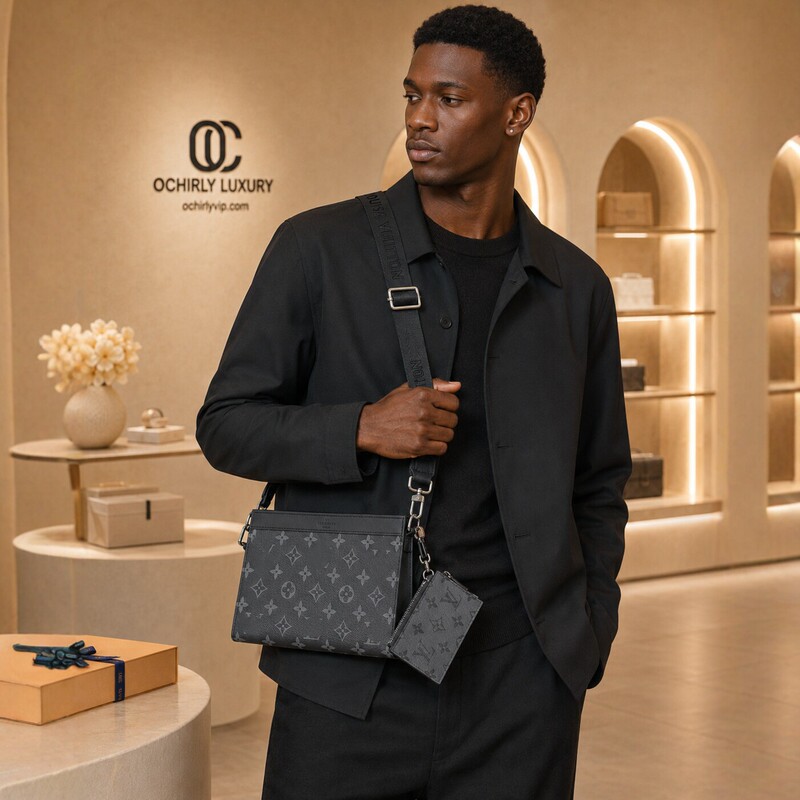 Men's Black LV Monogram Clutch Bag, Fashionable Crossbody Bag, Business Casual Style, Comes with Card Holder Design