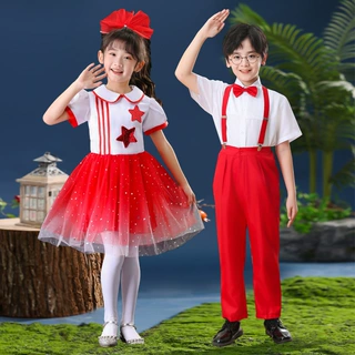2025新款六一儿童合唱演出服小学生男女童红色纱裙幼儿园表演服装