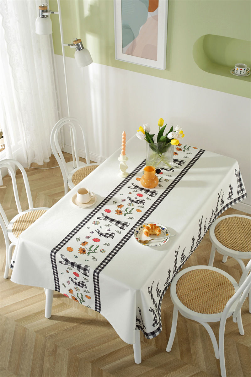 Tovaglia da caffè impermeabile in poliestere con stampa a quadri pasquali, coniglietti e fiori primaverili. Copertura per tavolo da pranzo_voghion.com