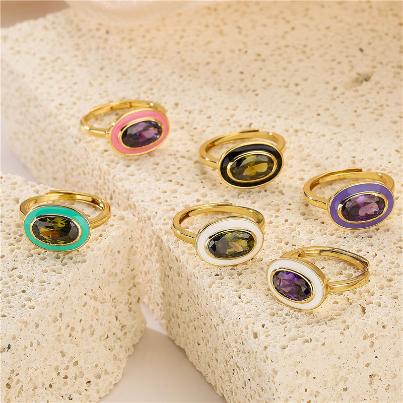 7g Weight Zircon Inlay Material Rings Classification Elegant Retro Oval Copper Enamel Inlay Zircon Rings