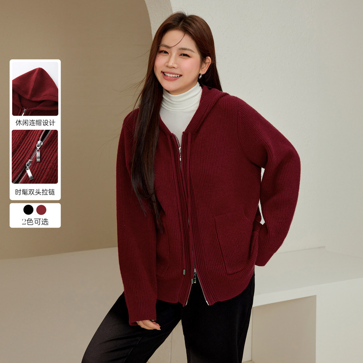 Fiber Show Large Size Women's Casual and Ever-Match Sweater Double Zipper Hooded Wool Jacket Fat mm2024 Winter Clothing New Style