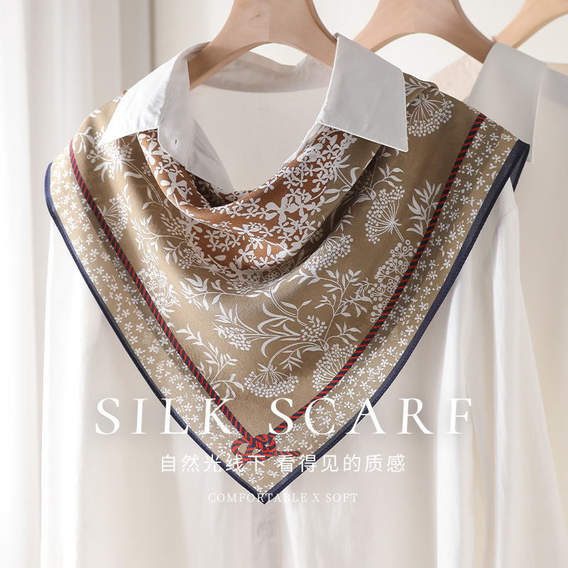 100% Mulberry Silk Double Crepe 65cm Maillard Cashew Square Scarf For Women - Spring/Summer Lightweight Luxury Silk Scarf - Thumbnail 2