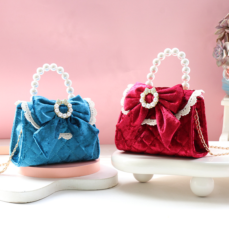 New Year Children's Bag Internet Popular Fashion Girl's Bow Handbag Girl's Stylish High-end Velvet Crossbody Bag