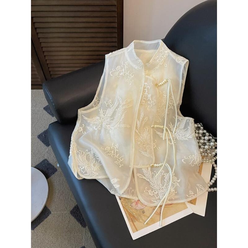Trendy Chinese-Style Embroidery 2026 Summer New Design Lace-Up Stand-Collar Vest Cardigan Versatile Sleeveless Top