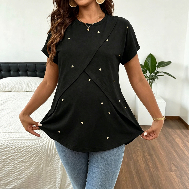 European and American Style Heart-Shaped Nursing T-Shirt for Women, Round Neck with Hidden Nursing Opening, Loose Maternity Top, Cross-Border Maternity Short-Sleeve Shirt