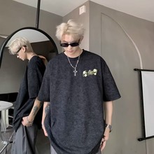 美式水洗字母刺绣短袖T恤男夏季复古干净合身重磅五分袖体恤痞帅