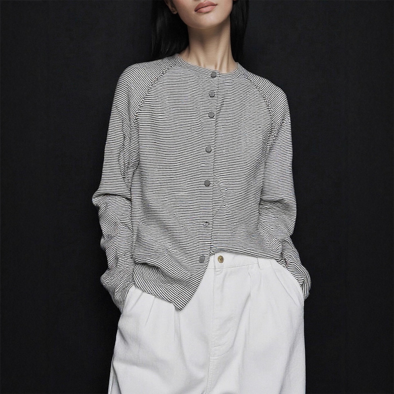 High-End Original Long-Sleeved Knitwear for Women Autum New Round Neck Single-Breasted Design Silhouette Stripesd Cardigan Top