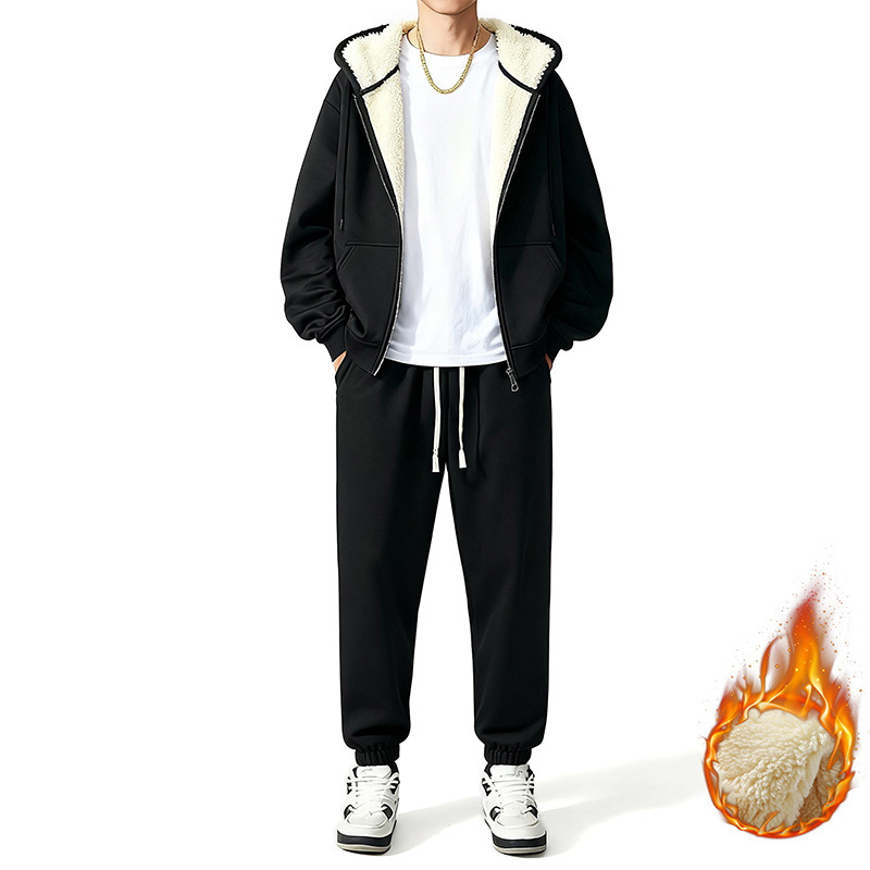 Plus Size Fleece-Lined Thickened Lamb Wool Set Men's Trendy Warm Hooded Sweatshirt Casual Wear Cross-Border European and American Dropshipping