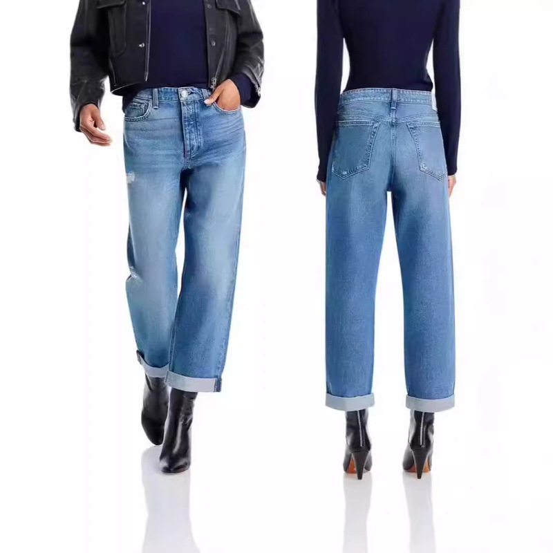 Autumn and Winter 2024 New European and American RAG Handsome Boyfriend Style High Waist Ripped Non-elastic Straight Jeans for Women
