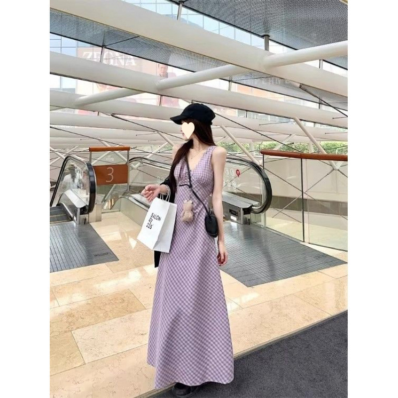 甜辣妹碎花V领无袖连衣裙女2025新款夏季收腰显瘦chic背心裙长裙|undefined