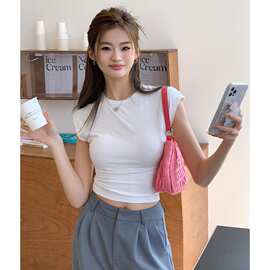 港味复古白色短袖T恤女2026新款简约基础短款上衣小飞袖辣妹体恤