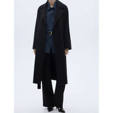 原-欧美女装批发加长款腰带无扣简约翻领双面羊毛呢大衣 黑色外套