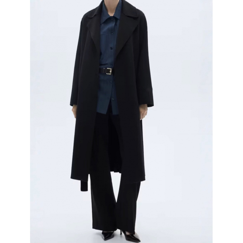 原-欧美女装批发加长款腰带无扣简约翻领双面羊毛呢大衣 黑色外套
