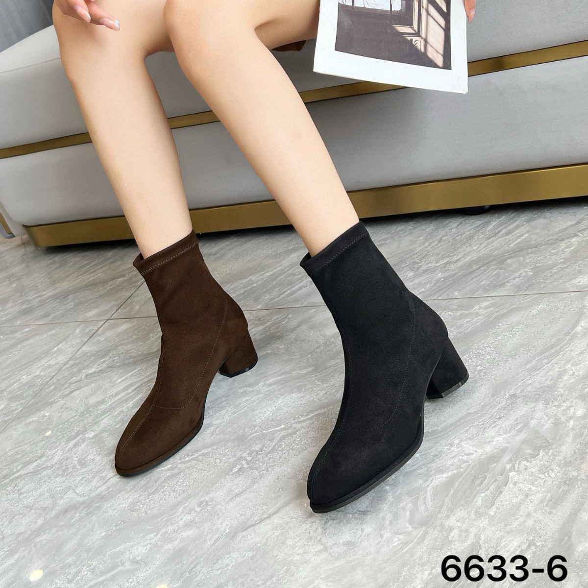Boot cổ thấp nữ mũi nhọn gót thô cao 6 cm đế xuồng co giãn ôm chân — Màu nâu, Màu đen