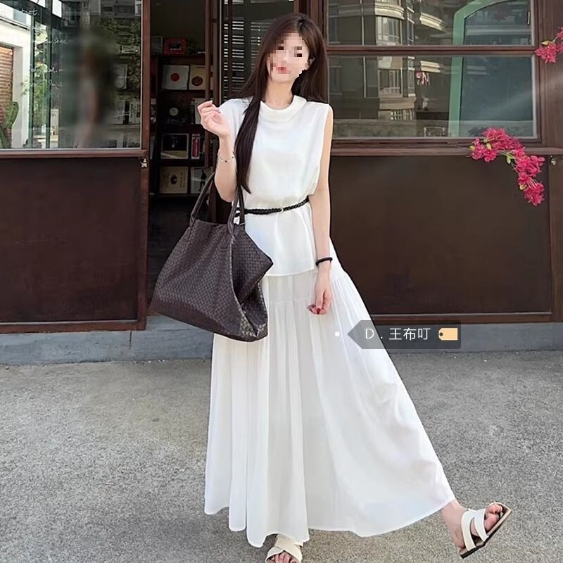 White Gentle Style Suit with Long Skirt, All-White Set, New Summer Two-Piece Set, Sleeveless Top, French Style White Gentle Style Suit with Long Skirt, All-White Set, New Summer Two-Piece Set, Sleeveless Top, French Style