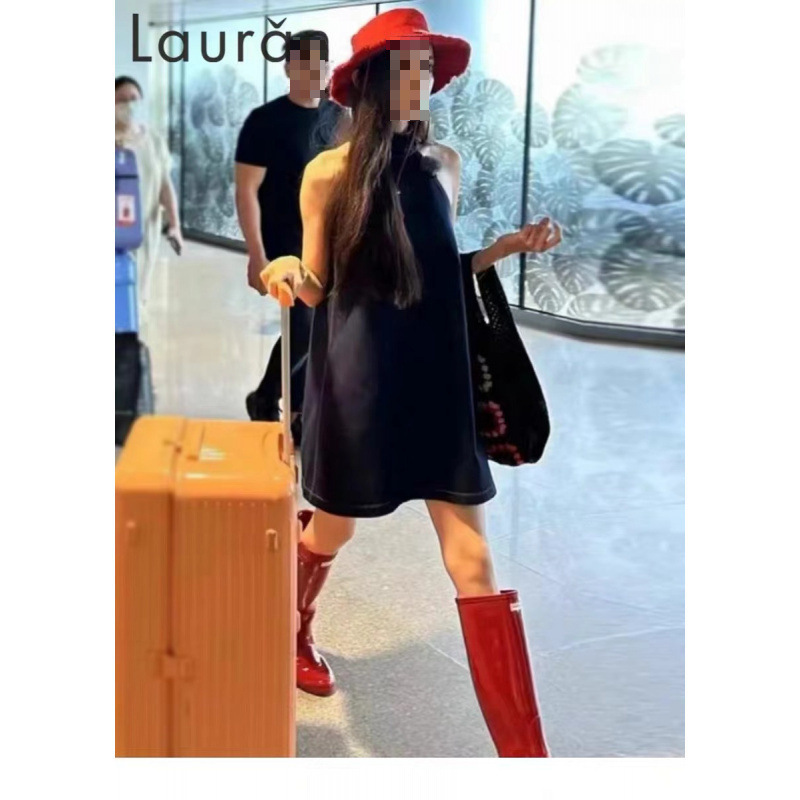 Naza's Same Style Retro Blue Halter Neck Denim Dress for Women, Summer Elegant Slim-Fit Loose Off-Shoulder Strapless Short Dress