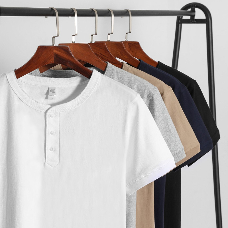 Xinjiang Cotton 250g American Heavy Henry Collar Short Sleeve T-Shirt Men's Thick Spring New Casual Backing Henry Shirt