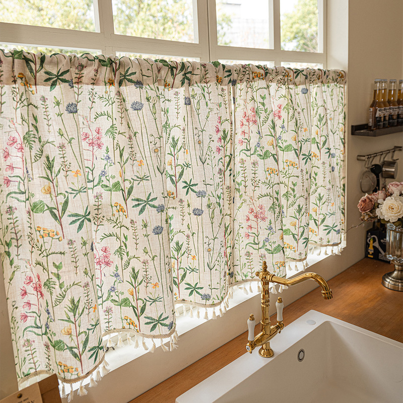 Cross-Border Hot-Selling Coffee-Colored Blackout Short Curtains for Living Room and Kitchen, No-Drill Rod-Punching Short Curtains, Door Curtains, Small Window Curtains