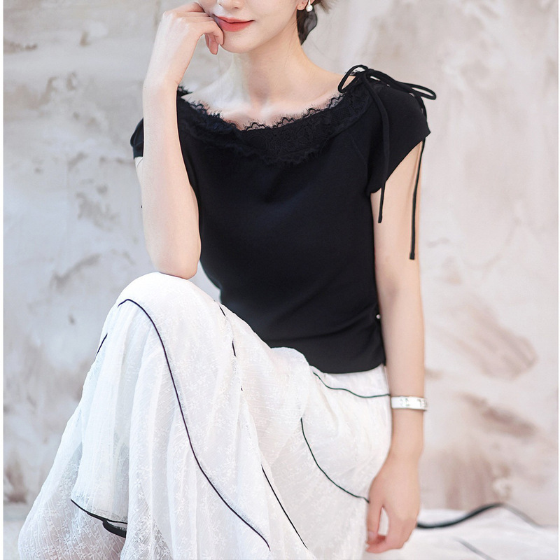 | Butterfly Lace Knit Top | Cool and Refreshing Rayon Eyelash Lace Hepburn-Style One-Line Neckline with Bow Tie. | Butterfly Lace Knit Top | Cool and Refreshing Rayon Eyelash Lace Hepburn-Style One-Line Neckline with Bow Tie.