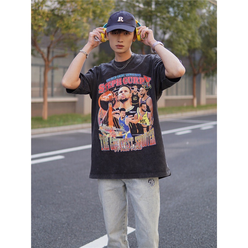 Basketball Stephen Curry Stephen Curry washed distressed printed T-shirt short sleeve retro pure cotton