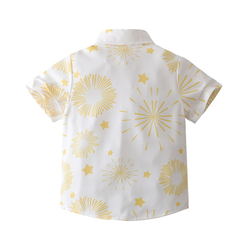 Children's Summer Set Baby Two-Piece Set Boys' Short-Sleeve Printed Shirt Bow Tie Belt Pants Gentleman's Children's Clothing