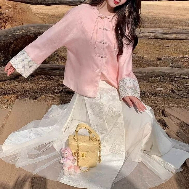 Костюм в китайском стиле, весенняя куртка, жаккардовый топ с вышивкой, юбка, наряд супер феи, чайный костюм на пуговицах, комплект из двух предметов.