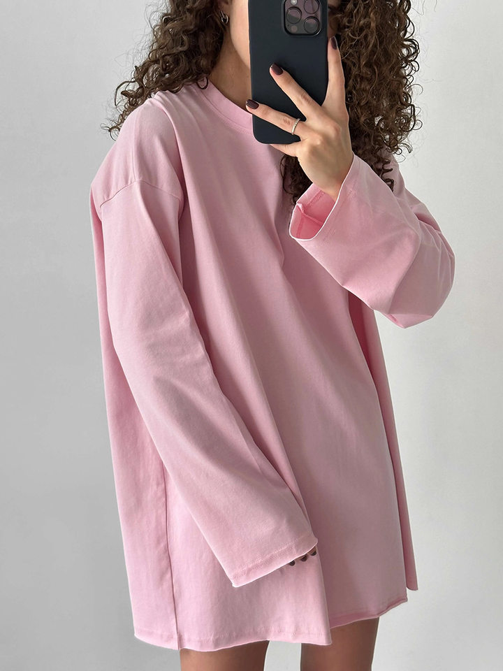 Áo thun nữ cotton 100% cổ tròn tay dài form rộng màu trơn — Màu cà phê, Màu hồng, Màu mơ, Màu trắng chi tiết 29