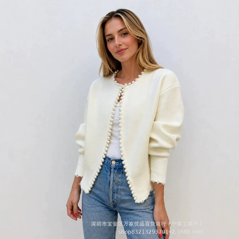 2026 Round Neck Pearl Trim Knitted Sweater Long Sleeve Heavy Craft Cardigan Sweater Jacket Fashionable Coat for Women