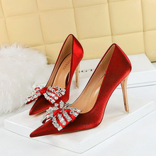 1829-H1 Banquet High Heels, European and American Style Slim Heels, Super High Heels, Shallow Toe, Satin, Rhinestone Bow Tie Single Shoes