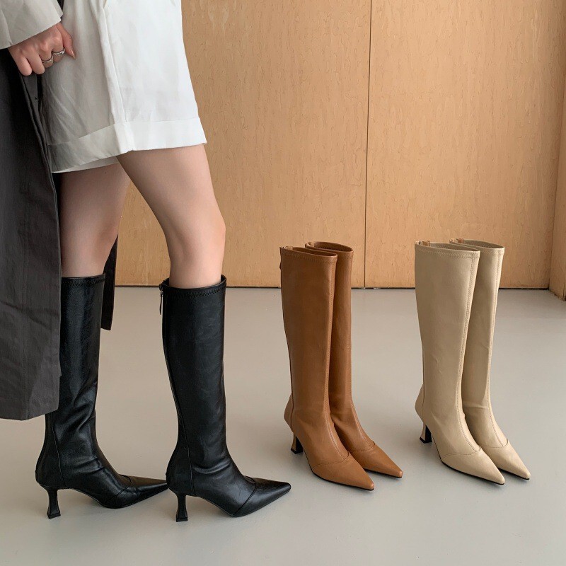 Chuyuji black high-heeled long boots for women, with back zipper, stiletto heel, long tube boots, riding boots, high-tube slim boots, autumn and winter boots Chuyuji black high-heeled long boots for women, with back zipper, stiletto heel, long tube boots, riding boots, high-tube slim boots, autumn and winter boots