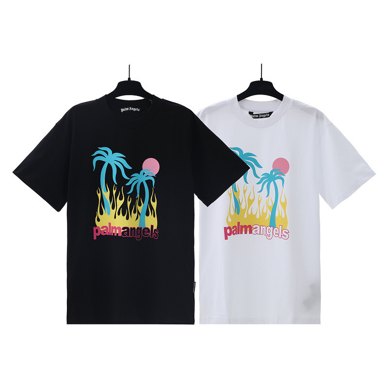 Trendy Brand 2025 New Model Palm Angels Flame Palm Tree Coconut Tree Logo Print Loose Casual Short-Sleeve T-Shirt
