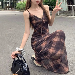 跨境批发夏季设计感复古菱格网纱收腰显瘦修身气质女式吊带连衣裙