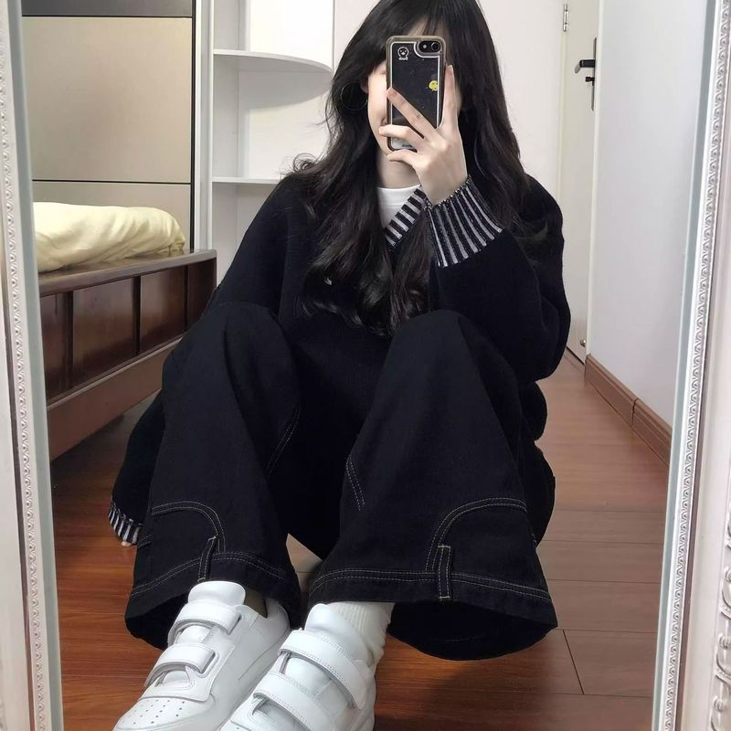 感设计韩系条纹撞色外穿套头上衣复古糯软慵懒风毛衣女秋冬季|undefined
