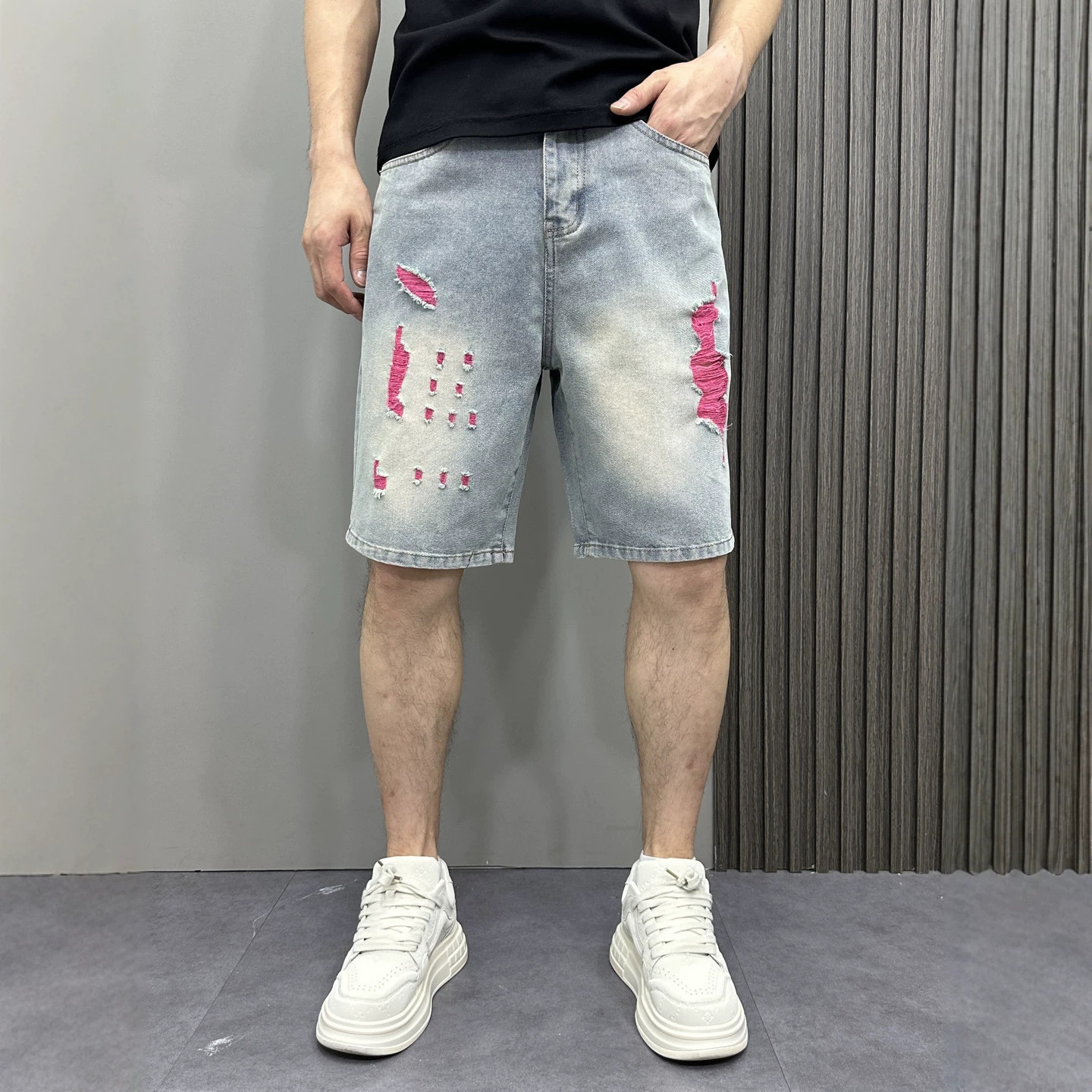 美式高街破洞牛仔短裤男夏季宽松潮流五分裤青少年彩色直筒中裤男