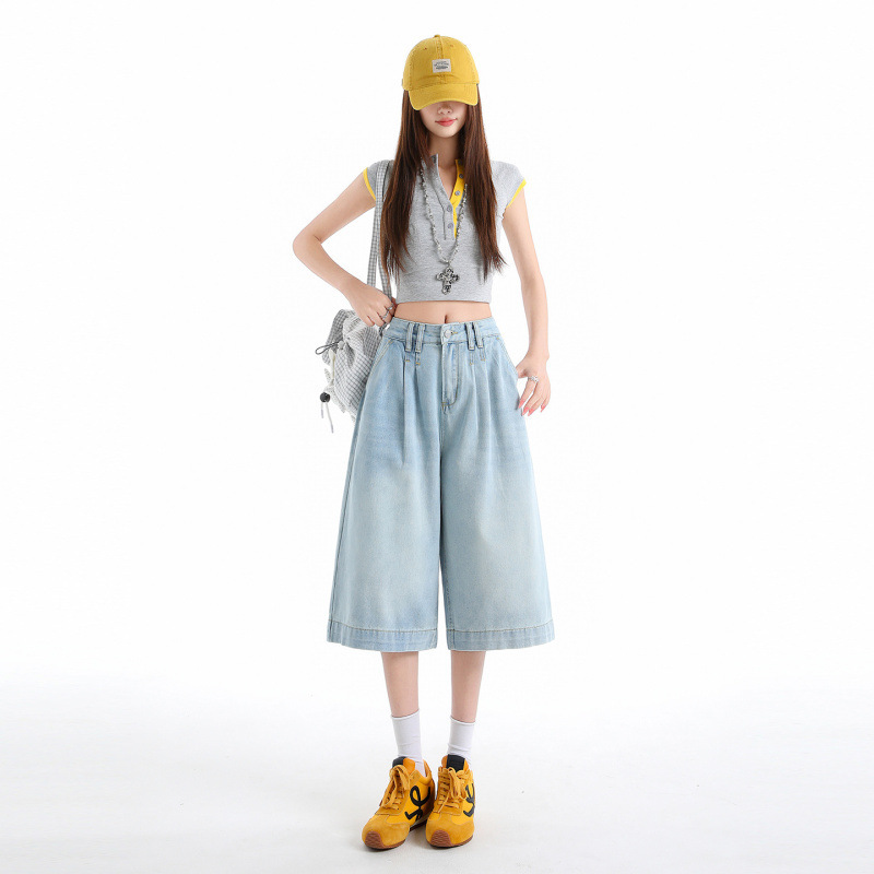 Women's Cropped Jeans, Summer Thin Style, 2026 New Model, for Petite Figures, Super Popular, Relaxed American-Style White Wide-Leg Pants