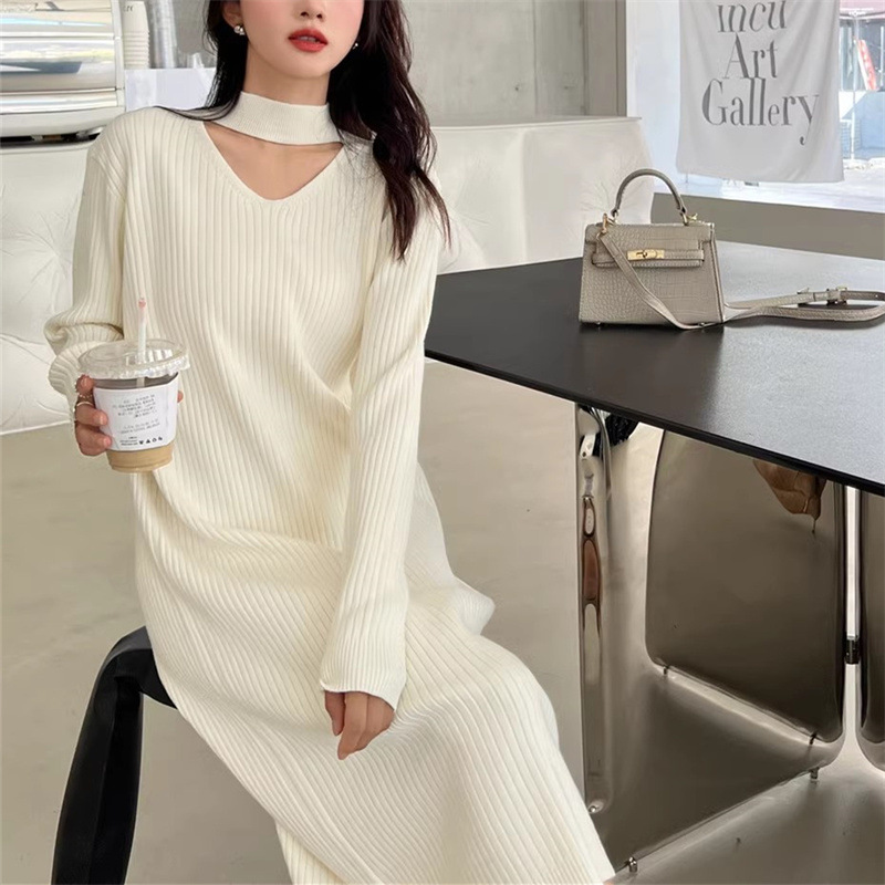 Strickkleid mit hängendem Ausschnitt für Damen im Herbst und Winter 2023, lockeres und langes knielanges Unterteil, gepaart mit Mantel, Pullover und Rock_voghion.com