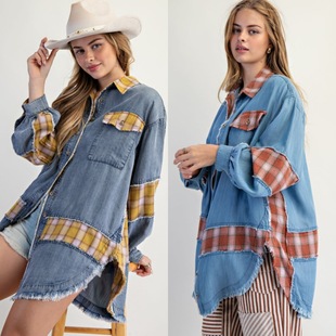 Amazon 25 Autumn and Winter New Cross-Border European and American Clothing Fashion Plaid Splicing Denim Jacket Casual Long-Sleeved Shirt