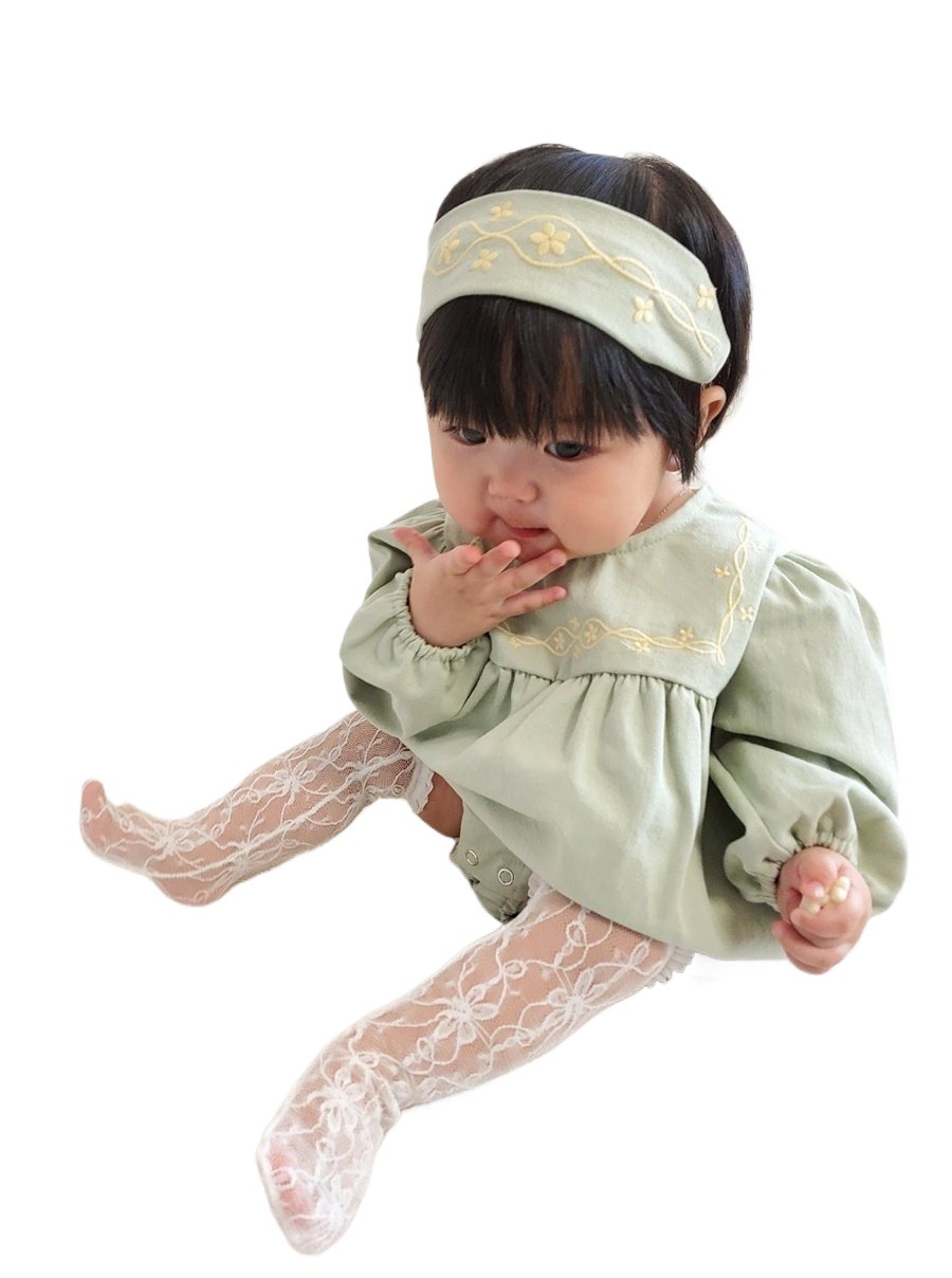 Estilo coreano I algodón bordado mono mameluco ins recién nacido bolsa pedo mameluco de una pieza con pañuelo en la cabeza