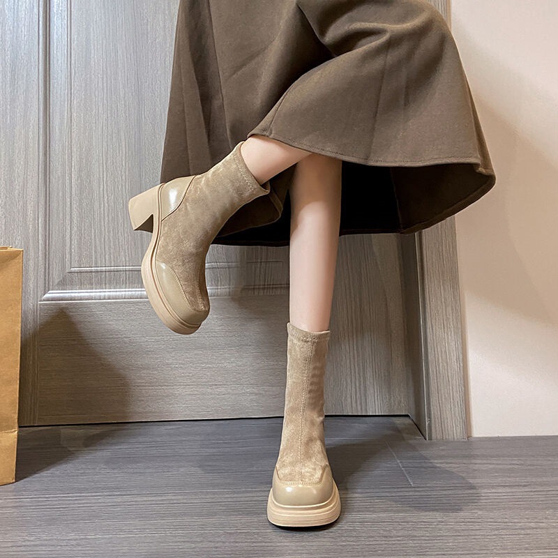 Thick-Soled Boots for Women 2025 Autumn and Winter New Style Small Inner Heightening Elastic Boots Socks Boots High-Heeled Short Boots Short Boots