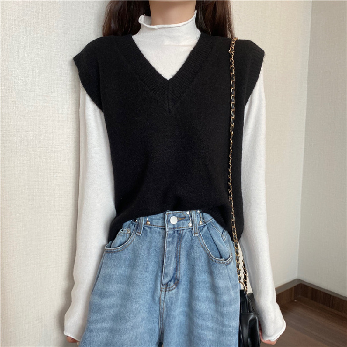 2023 otoño e invierno nuevo color sólido con cuello en V chaleco sin mangas chaleco abrigo suéter de las mujeres Chaleco de punto superior ins comercio exterior