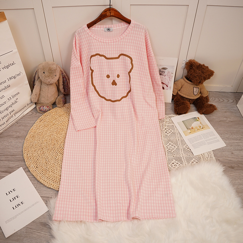 Dibujos animados Rosa oso a rayas nuevo pijama de primavera largo de las mujeres de dibujos animados Rosa oso a rayas camisón de longitud media delgada manga larga