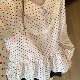 红色波点娃娃领2025新款双层花边日系可爱娃娃衫长袖衬衫上衣