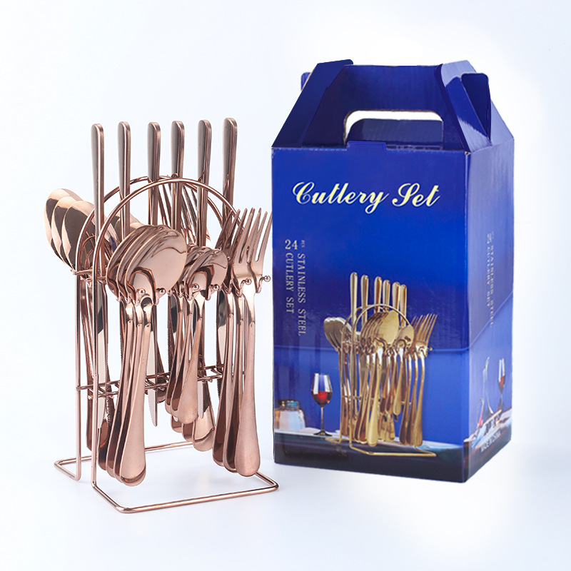 Amazon popular vajilla de acero inoxidable 24 piezas traje 1010 cuatro piezas principales cuchillo de comida occidental, tenedor y cuchara traje rack caja de regalo