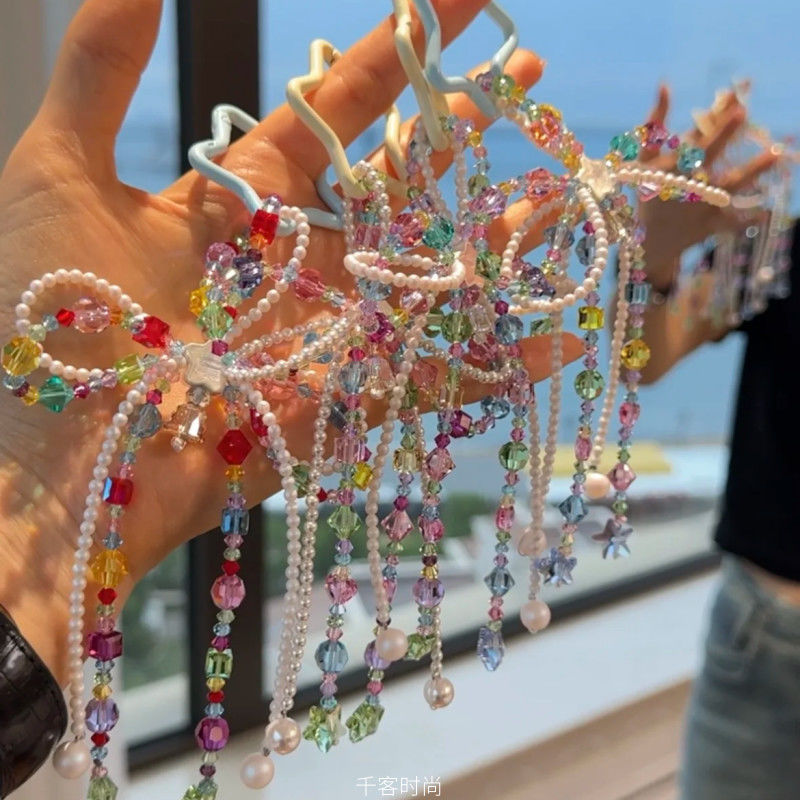 Original Design Dopamine Colorful Beaded Bow Star Pendant Sweet Rainbow Mobile Phone Chain Keychain Ins