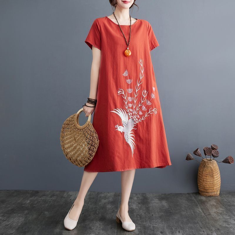 Embroidered Short-Sleeve A-Line Dress, Cross-Border 2026 Summer New Style, Loose Plus-Size, Slimming, Artistic Retro Dress Embroidered Short-Sleeve A-Line Dress, Cross-Border 2026 Summer New Style, Loose Plus-Size, Slimming, Artistic Retro Dress