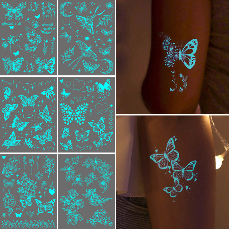 White Luminous Tattoo Stickers Cross-Border Luminous Mandala Flowers/Henna/Butterfly Waterproof Disposable Tattoo Stickers