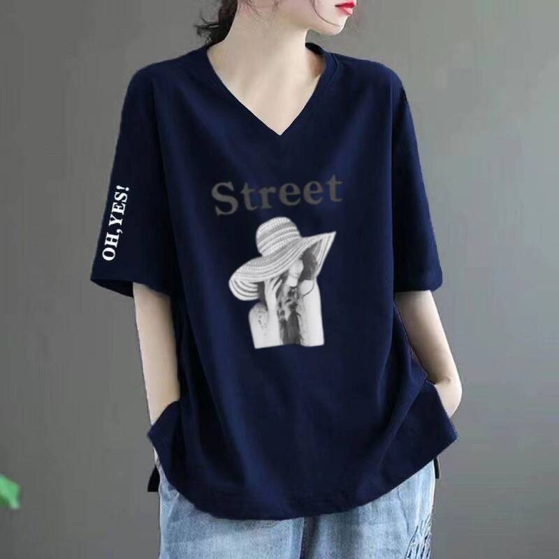 Clearance Short-sleeved T-shirt Women's Mother's Summer Printed V-neck Loose plus size Casual Western Style Middle-aged Top
