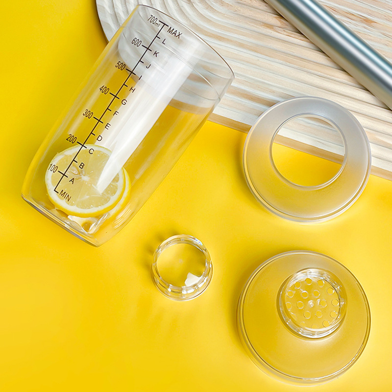 シェイクカップ3点セット 手回しプラスチック製ミキサー ミルクティー用シェイクツール レモンをたっぷり刻む目盛り付きフルーツアイスキューブポット|undefined