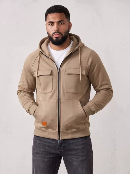Autumn and winter American-style workwear retro hooded loose-fit fleece sweatshirt for young men, featuring multiple pockets and a zip-up design